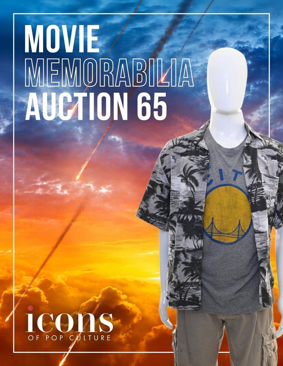 The printed Auction 65 lookbook cover — a Hawaiian shirt and Golden State tee against a burning sunset sky