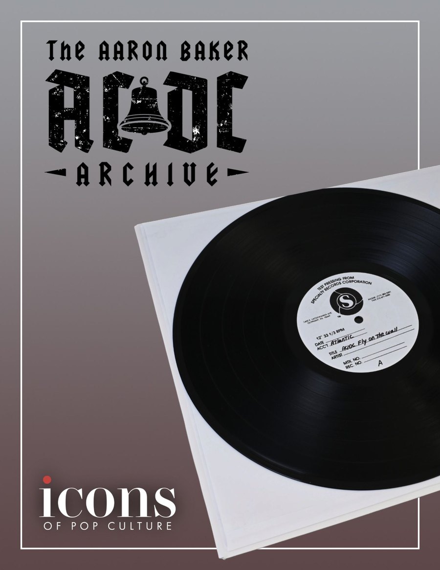 The printed lookbook cover for The Legendary AC/DC Collection of Aaron Baker — a Fly on the Wall test pressing on its sleeve